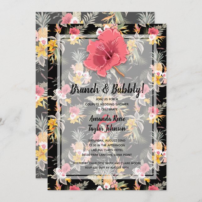Parejas florales de piña Invitación a la ducha de  (Anverso / Reverso)