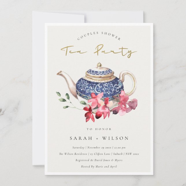 Parejas Florales Rojas Teapot Invitación a Fiesta  (Anverso)