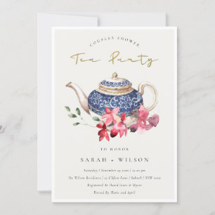 Parejas Florales Rojas Teapot Invitación a Fiesta 