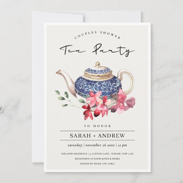Parejas Florales Rojas Teapot Invitación a Fiesta  (Anverso)