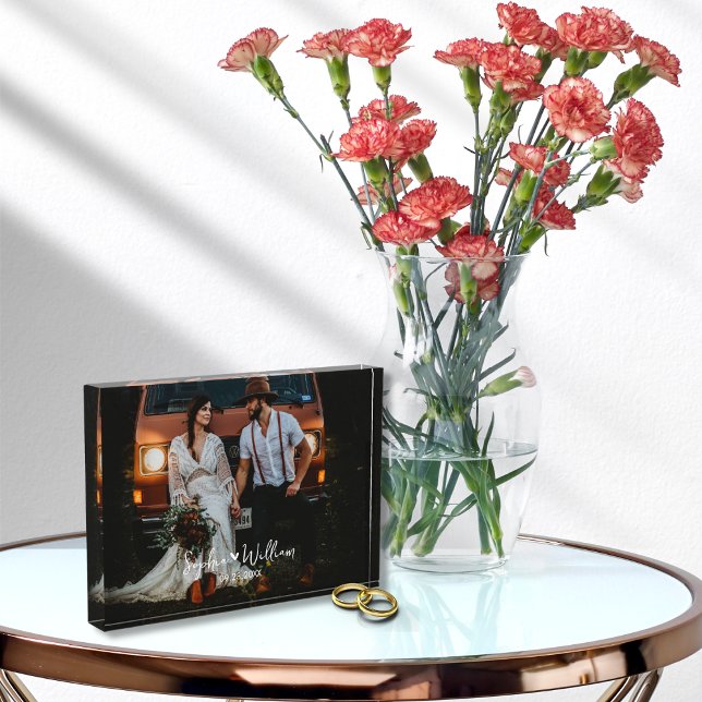 Parejas Foto Nombre Boda Aniversario Fecha Corazón (Rustic Elegant Wedding Photo Keepsake With Couple's Name Anniversary Wedding Date Photo block )