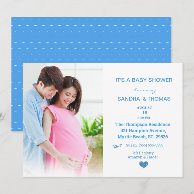 Parejas Fotografía Azul Invitación a Baby Shower (Anverso / Reverso)