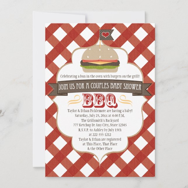 Parejas hamburguesas BBQ Invitaciones a ducha de b (Anverso)