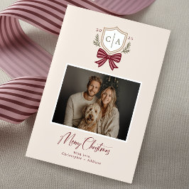 Parejas Monograma Escudo Bow Tarjeta de Navidades