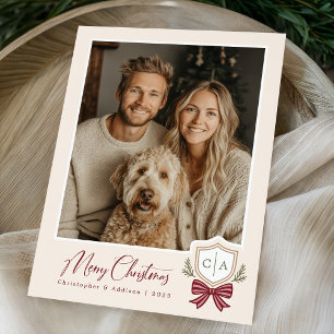 Parejas Monograma Iniciales Bow Tarjeta de Navidad