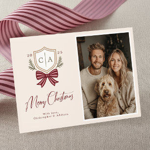 Parejas Monograma Iniciales Bow Tarjeta de Navidad