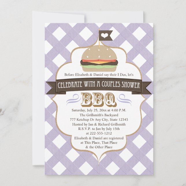 Parejas Púrpura BBQ Invitaciones a la Ducha Matrim (Anverso)