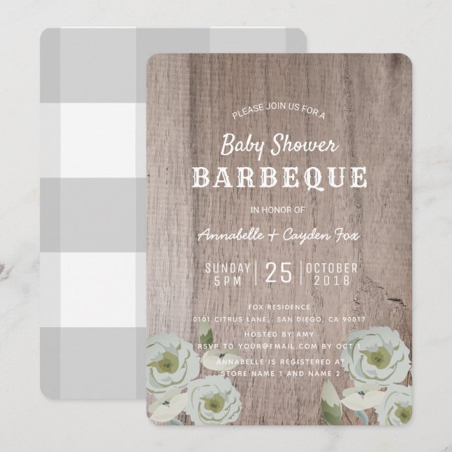 Parejas Rosas BBQ e Invitación a Baby Shower Wood (Anverso / Reverso)