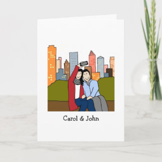 Pares que toman la tarjeta personalizada selfie-