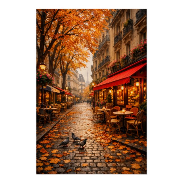 Paris Autumn Café Street – Warm Fall Poster (Anverso)
