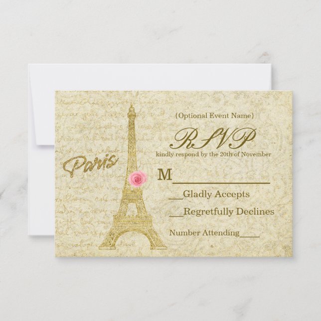 Paris Eiffel Tower Gold & Pink Elegant Tarjeta RSV (Anverso)