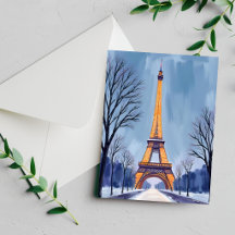 Paris Eiffel Tower Winter Snow Watercolor Card