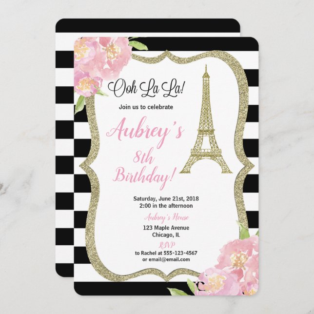 París Invitación al cumpleaños francés chica oro r (Anverso / Reverso)