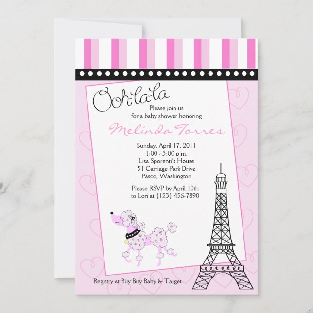 Paris Poodle 5x7 Invitación de Baby Shower rosa (Anverso)