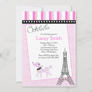 Paris Poodle 5x7 Invitación de cumpleaños rosado
