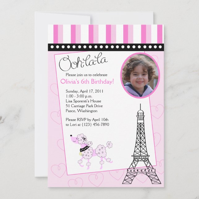 Paris Poodle 5x7 Invitación de cumpleaños rosado (Anverso)