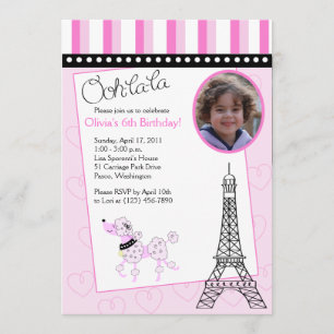 Paris Poodle 5x7 Invitación de cumpleaños rosado