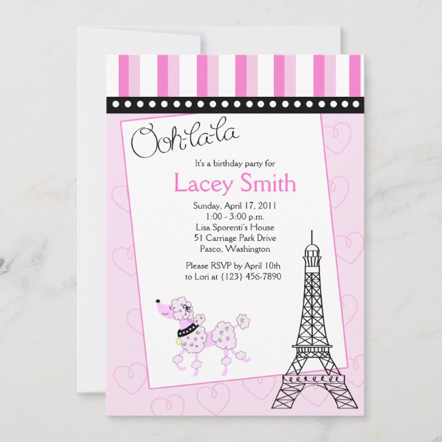 Paris Poodle 5x7 Invitación de cumpleaños rosado (Anverso)