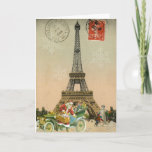 París Santa y tarjeta de Navidad del muñeco de<br><div class="desc">Una imagen hermosa del vintage de la torre Eiffel en París de una postal vieja con el sello y los matasellos es unida a por un gran vintage Santa con un coche lleno de juguetes y de niños que construyen un muñeco de nieve por la base de la torre Eiffel...</div>