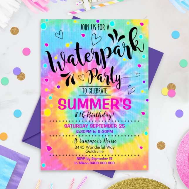 Parque acuático invitación a la fiesta "Tie Dye Wa (Waterpark Party Invitation. Perfect design for your next Water Park Birthday Party!)