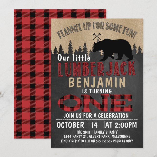 Parte Chalkboard Lumberjack Primera Invitación de  (Anverso / Reverso)