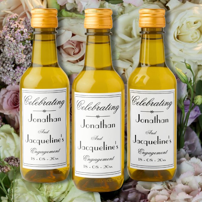 Partida de compromiso Favorecer nombres Elegante B (Engagement Party Favors - Elegant, Simple Black and White Mini Wine Bottle Labels.)