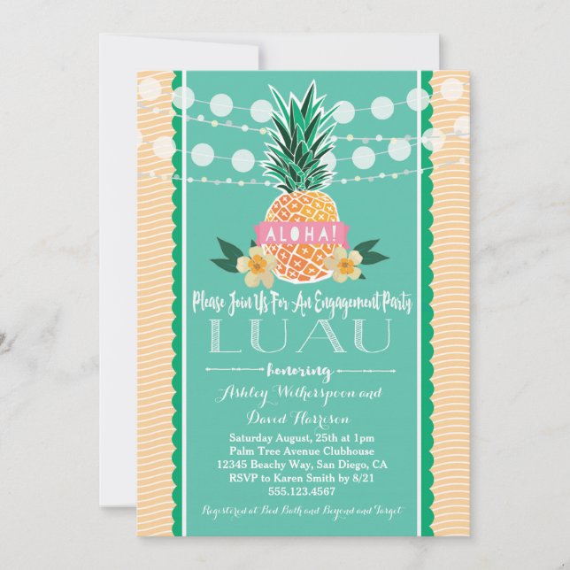 Partido de compromiso Luau Hawaiian Invitación (Anverso)