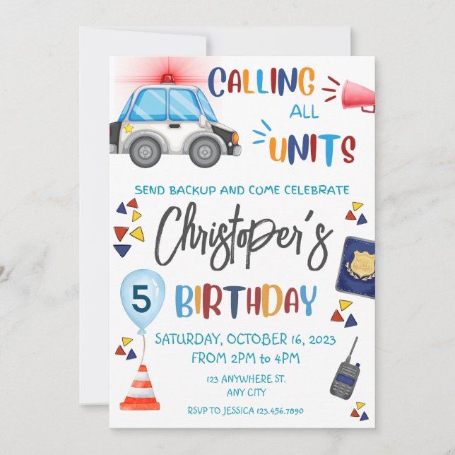 Partido de cumpleaños de invitación de la policía (Anverso)