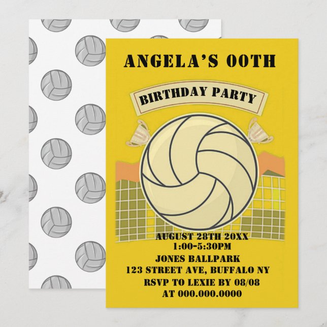 Partido de cumpleaños de voleibol amarillo invita (Anverso / Reverso)