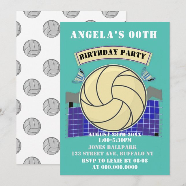 Partido de cumpleaños de voleibol verde azulado in (Anverso / Reverso)