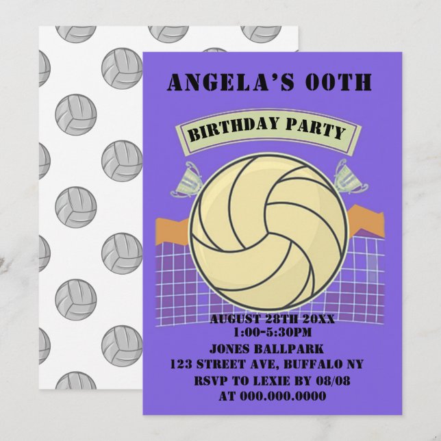 Partido de cumpleaños del voleibol púrpura invita (Anverso / Reverso)