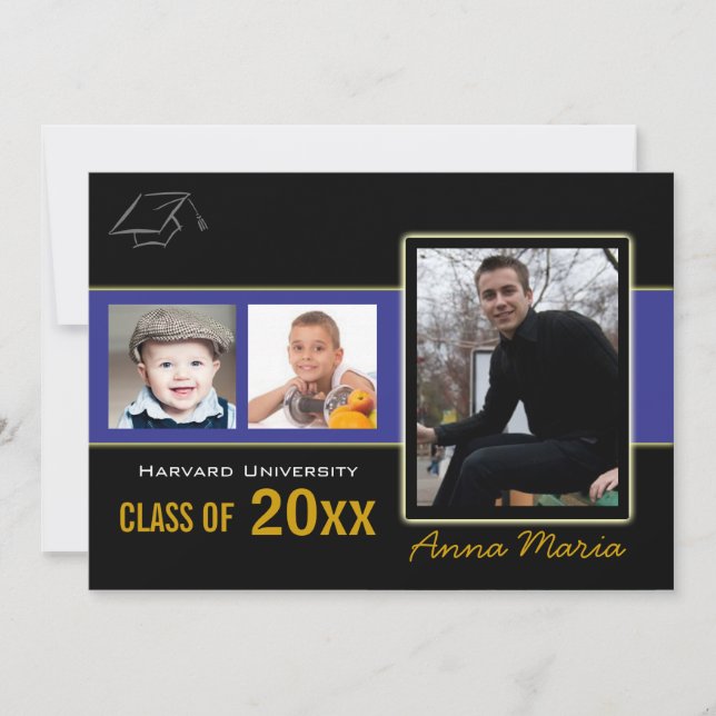 Partido de Graduación 3 Fotos Invitación azul (Anverso)