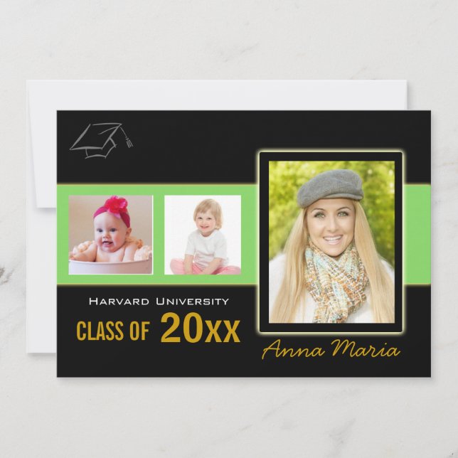 Partido de Graduación 3 Fotos Invitación verde (Anverso)