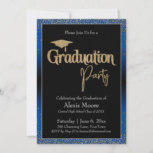 Partido de Graduación Invitación de Confetti Azul  (Anverso)