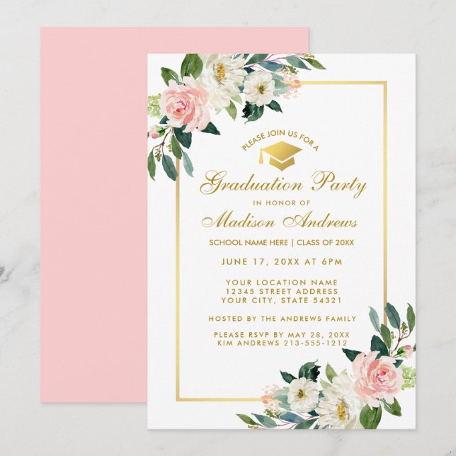 Partido de Graduación Invitación de Oro Floral Ros (Anverso / Reverso)