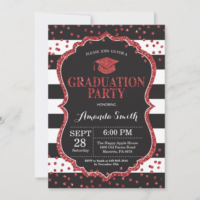 Partido de Graduación Invitación Negra y Purpurina (Anverso)