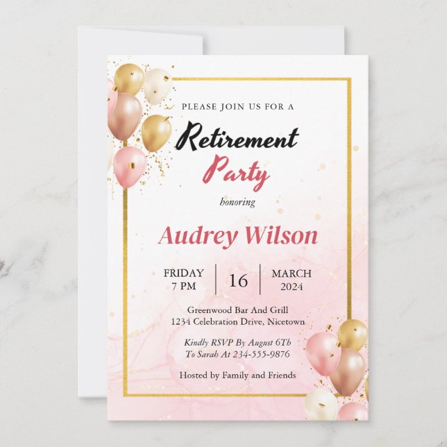 Partido de Jubilación Invitación Gold Pink Modern (Anverso)