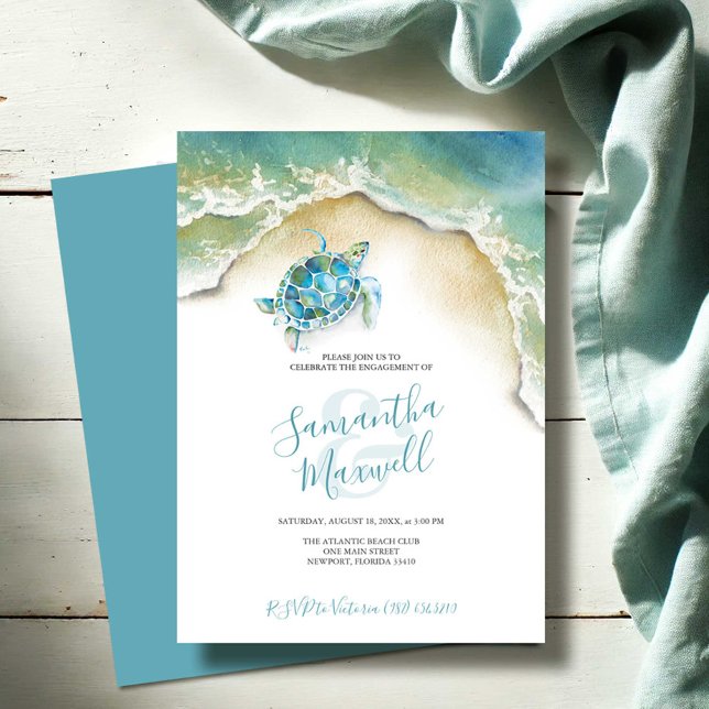 Partido de la Participación Turística del Mar Trop (Engagement party invitations beach wedding watercolor sea turtle art by Victoria Grigaliunas)