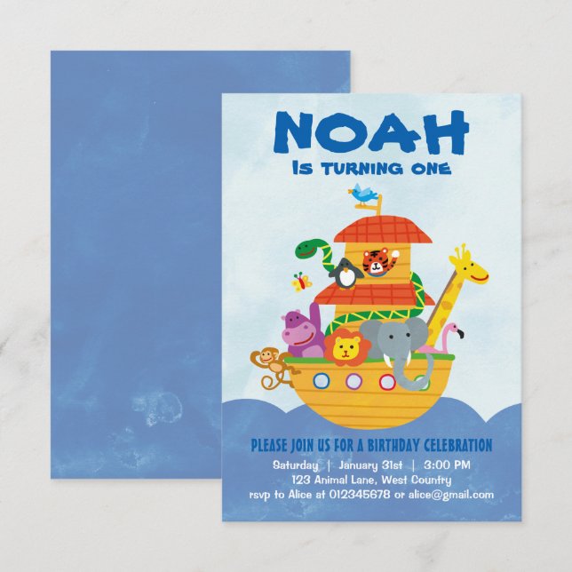 Partido del Cumpleaños - Invitación arca de Noah (Anverso / Reverso)