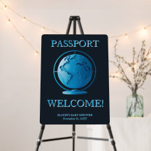 Pasaporte de globo azul para baby shower de viaje