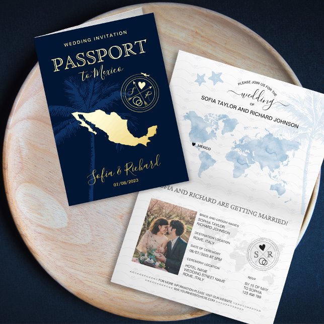 Pasaporte Mapa Mundial Boda en Palm Beach México (gold foil mexico map passport wedding invitation)