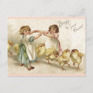 Pascua - Chicas con tarjeta postal antigua con chi