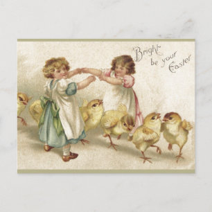 Pascua - Chicas con tarjeta postal antigua con chi