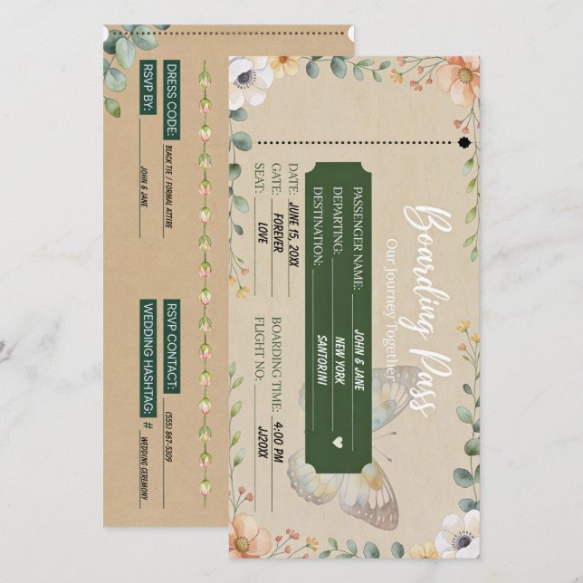 Pase de Abordar Floral Boho Eucalipto Invitación d (Anverso / Reverso)