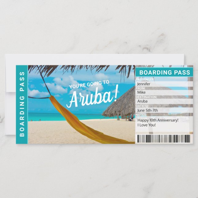 Pase de Abordar Regalo Sorpresa de Viaje a Aruba (Anverso)