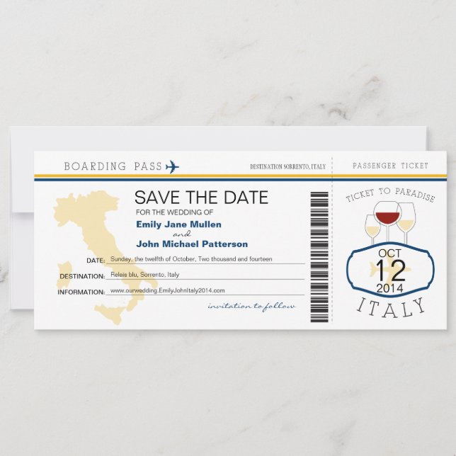 Pase de embarque a la invitación a la boda italian (Anverso)