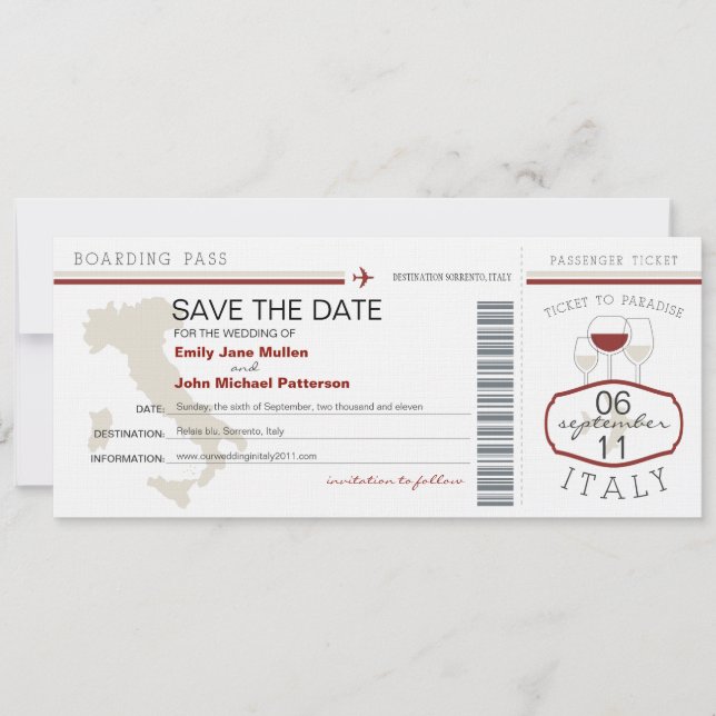 Pase de embarque a la invitación a la boda italian (Anverso)