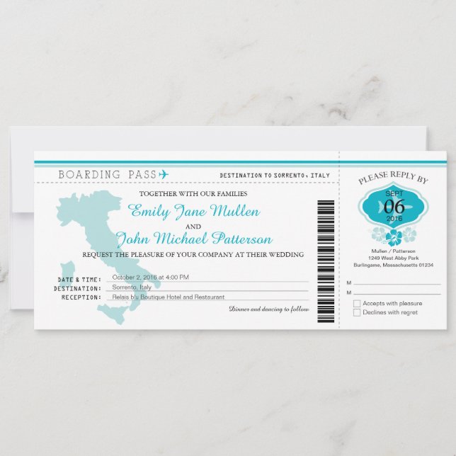 Pase de embarque a la invitación a la boda italian (Anverso)