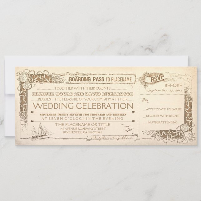 Pase de embarque de invitación a bodas vintage náu (Anverso)