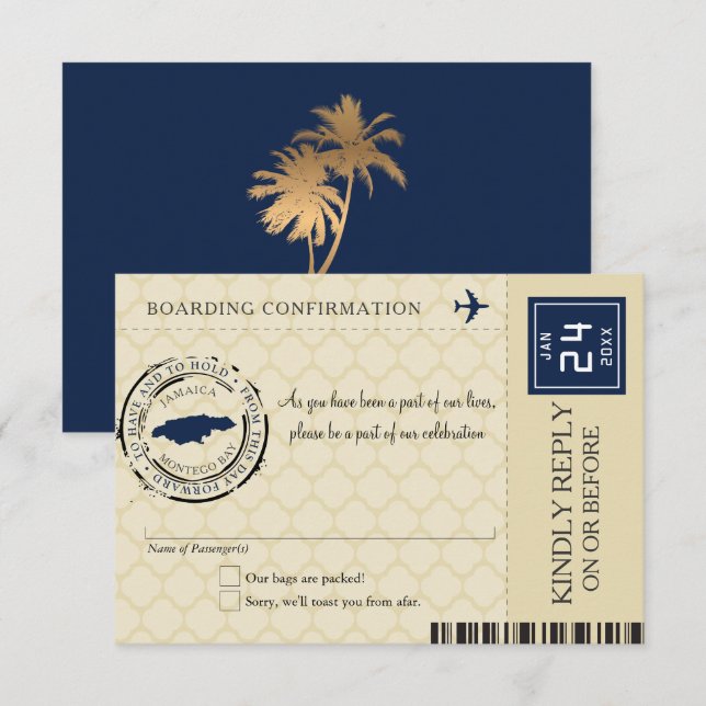 Pase de embarque RSVP de Jamaica azul oscuro y mor (Anverso / Reverso)